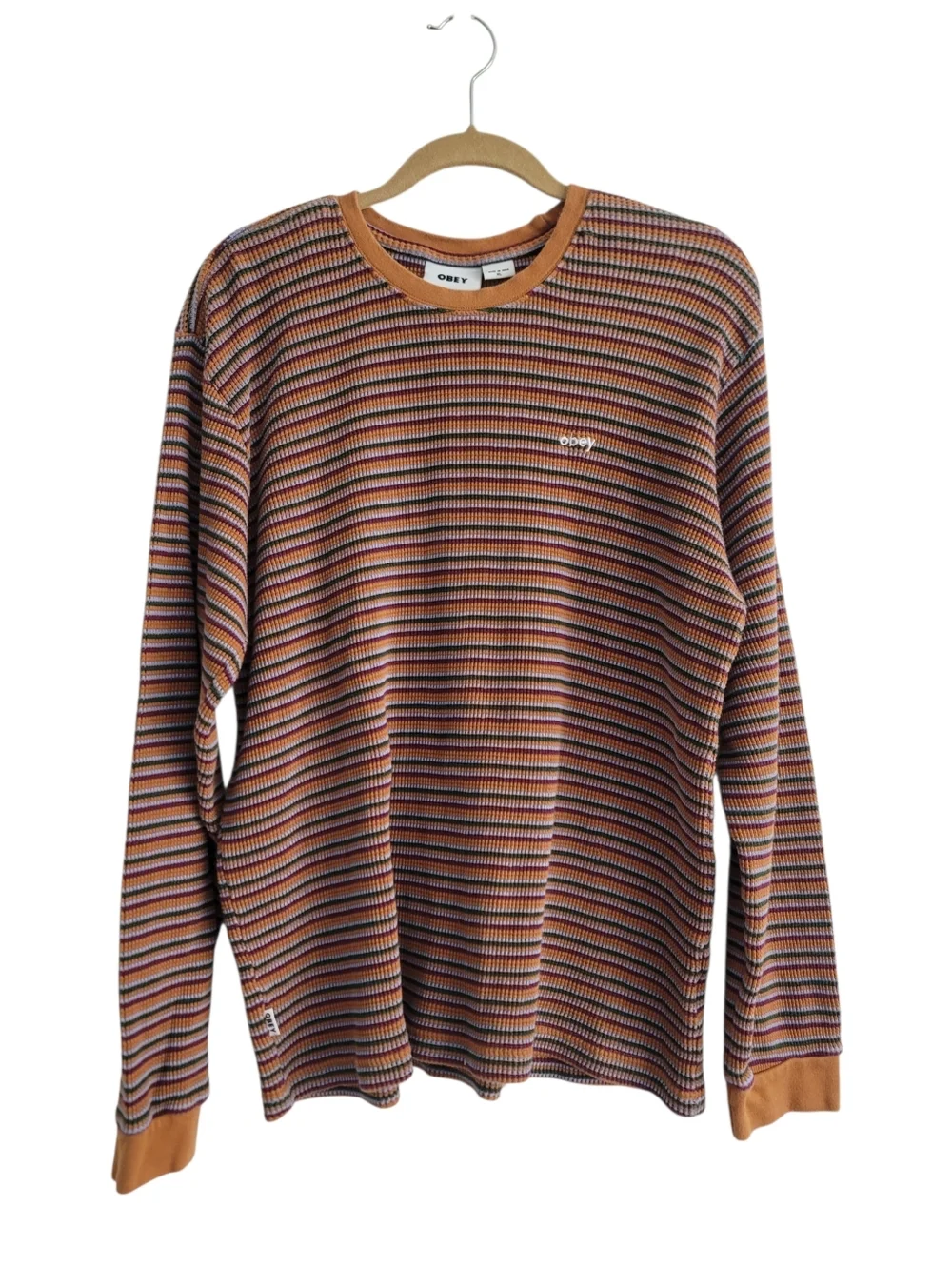 Obey Les Stripe Thermal Shirt Brown Sugar Multi Stripe‎ Long Sleeve 100% Cotton